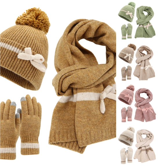 HNMKIU Women's Bow Decorated Knit Scarf Three Piece Winter Set with Matching Warm Accessories Yellow - One Size