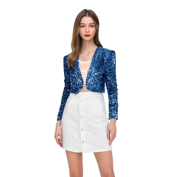 HNMKIU Women's Cardigan Elegant Women's Sequin Long Sleeve Cardigan Shiny Knit Jacket Top for Evening Outings Blue,One Size