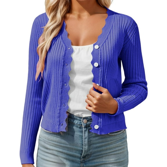 HNMKIU Women's Cardigan Short Sleeve V-Neck Scalloped Trim Cropped Knit Sweater Button Up Top for Casual Outfit Z10011-Blue,XXL