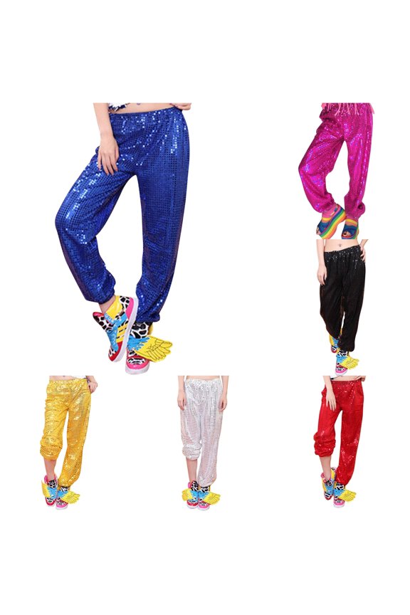 Women's Carnival Glitter Sequin Joggers Casual Pants Party Disco Hiphop Dance Blue,M