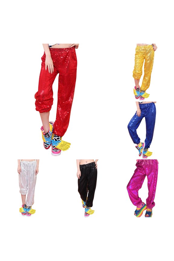 Women's Carnival Glitter Sequin Joggers Casual Pants Party Disco Hiphop Dance Red,L