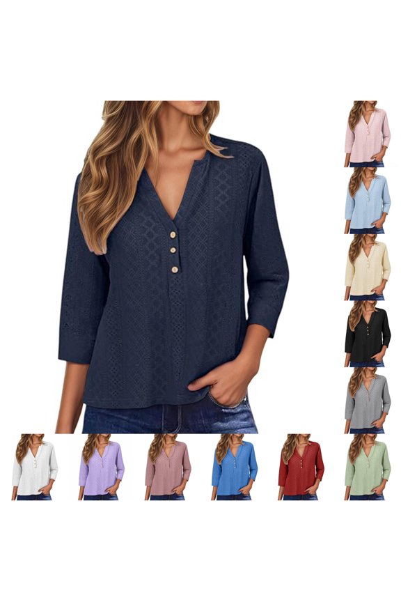 Women's Casual Button Down Shirt With Mandarin Collar Mesh Three Quarter Sleeve Breathable Top for Everyday Wear