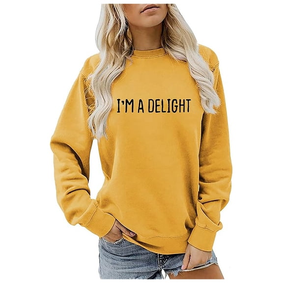 HNMKIU Women's Casual Crew Neck English Letters I'm A Printed Hoodless Sweatshirt Yellow,S