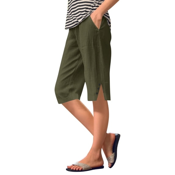 HNMKIU Women's Casual Loose Beach Shorts with Pockets Elastic Waist Knee Length Womens Pants Casual for Summer Outfits 02_Dark Green,S