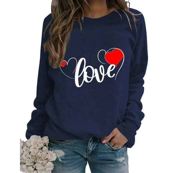 HNMKIU Women's Casual Print Sweatshirt Round Neck Loose Fit Long Sleeve Pullover Top for Daily Wear and Workout Navy,L