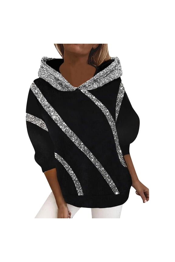Women's Casual Sequin Hooded Sweatshirt Stylish Comfortable Pullover For Everyday Wear Black,XXXL