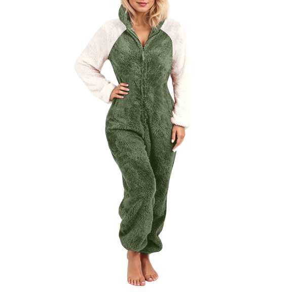 HNMKIU Women's Color Block Casual Comfort Hooded Long Sleeve Warm Jumpsuits for Women with Cat Ears Design for a Stylish and Cozy for Relaxed Days 04_Green,S