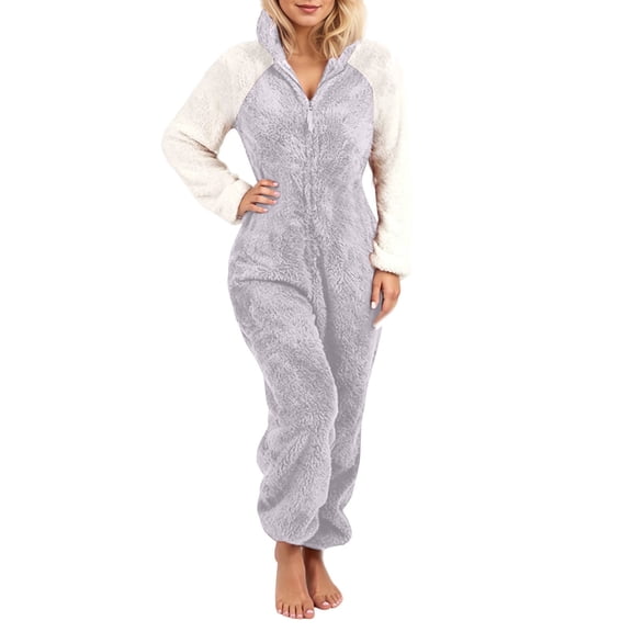 HNMKIU Women's Color Block Casual Comfort Hooded Long Sleeve Warm Jumpsuits for Women with Cat Ears Design for a Stylish and Cozy for Relaxed Days 04_Grey,S