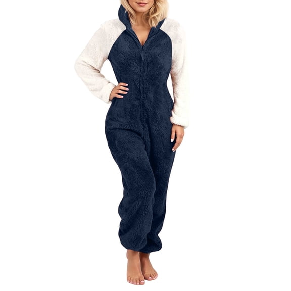 HNMKIU Women's Color Block Casual Comfort Hooded Long Sleeve Warm Jumpsuits for Women with Cat Ears Design for a Stylish and Cozy for Relaxed Days 04_Navy,XXL