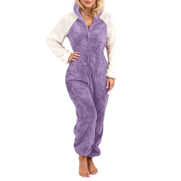 HNMKIU Women's Color Block Casual Comfort Hooded Long Sleeve Warm Jumpsuits for Women with Cat Ears Design for a Stylish and Cozy for Relaxed Days 04_Purple,M