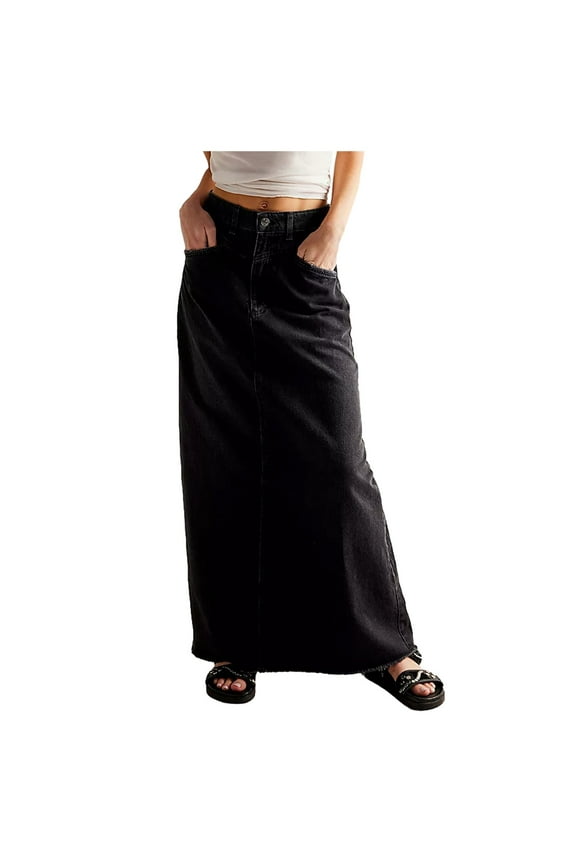 Women's Denim Maxi Skirt High Waist A Line Long Straight Cut Casual Long denim Skirt Black,S
