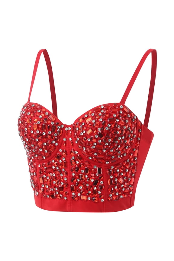 Women's Design Corset Bustier Tight Fitting Beaded Rhinestone Camisole for Outerwear Womens Tank Tops Red,L