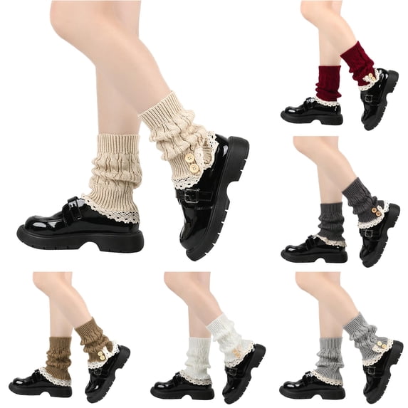 HNMKIU Women’s Fall Winter Button Lace Knit Foot Warmers Beige - One Size