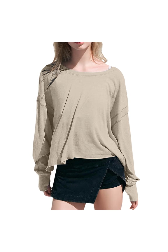 Women's Fashion Backless Hoodless Sweatshirt Long Sleeve Loose Fit Casual Top Athletic Breathable Streetwear Beige,S