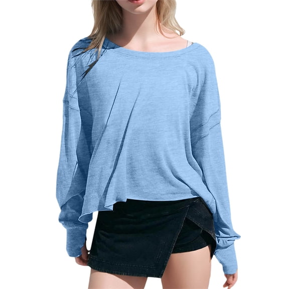 HNMKIU Women's Fashion Backless Hoodless Sweatshirt Long Sleeve Loose Fit Casual Top Athletic Breathable Streetwear Sky Blue,S