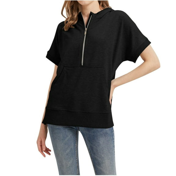 HNMKIU Women's Fashion Casual Solid Color Casual Short Sleeved Zip Up Hoodie Top Black,L