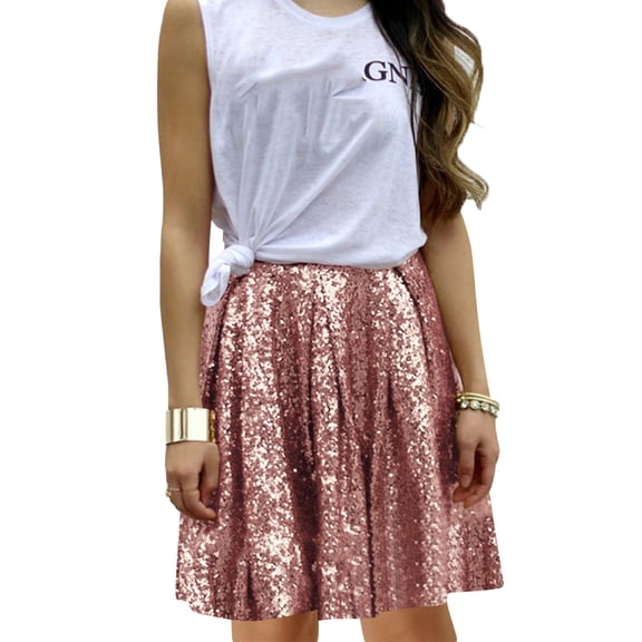 HNMKIU Women's Fashion High Waist Pleated Sequin Skirt for Carnival Skirts Party Pink，S