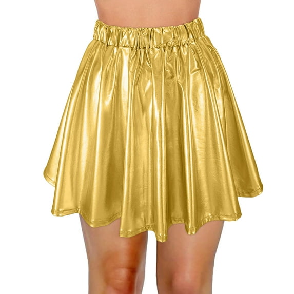 HNMKIU Women's Fashion High Waist Pleated Solid Color Short Skirt Loose Plus Size Metallic Skater Skirt 01_GD1，L