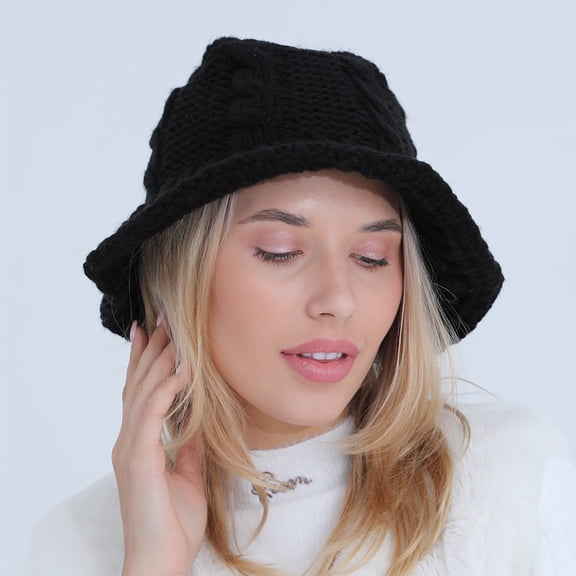 HNMKIU Women's Fashion Knitted Wool Bucket Hat for Autumn Winter Warm Soft Cold Weather Outdoor Casual Comfort Black,One Size