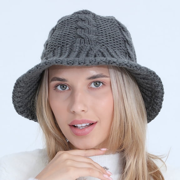 HNMKIU Women's Fashion Knitted Wool Bucket Hat for Autumn Winter Warm Soft Cold Weather Outdoor Casual Comfort Grey,One Size