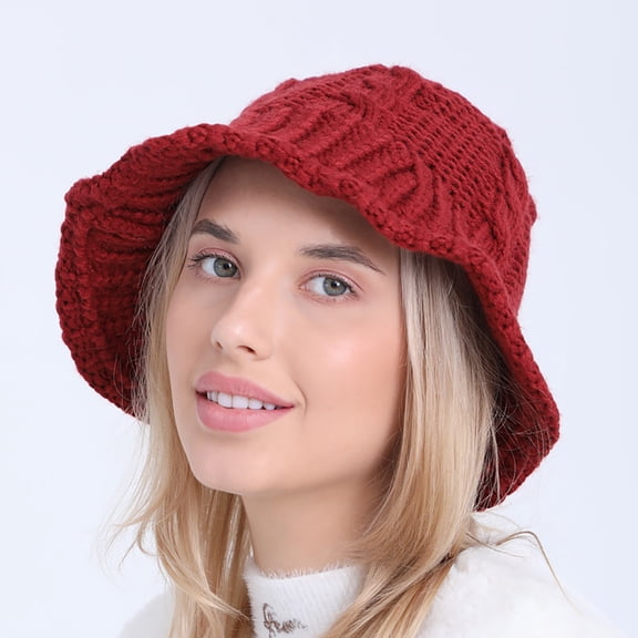 HNMKIU Women's Fashion Knitted Wool Bucket Hat for Autumn Winter Warm Soft Cold Weather Outdoor Casual Comfort Red,One Size