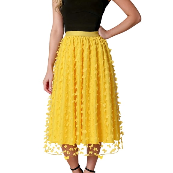 HNMKIU Women's Fashion Solid Casual Elegant Three Swing A Line Long Skirt for Dress Yellow，XL