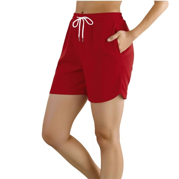 HNMKIU Women's Fashion Solid Color Comfortable Slim Fit Mid Waist Shorts Casual Sporty Pants for Everyday Wear Red,XXL