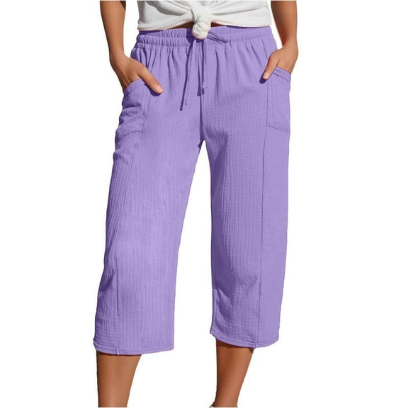 HNMKIU Women's Fashion Solid Color Drawstring Elastic Waist Wide Leg Sweatpants with Pocket Casual Cropped Sports Pants 01_Purple,M