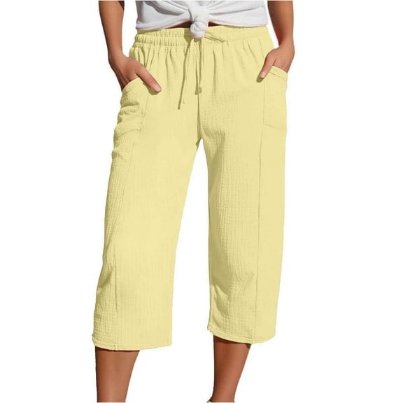 HNMKIU Women's Fashion Solid Color Drawstring Elastic Waist Wide Leg Sweatpants with Pocket Casual Cropped Sports Pants 01_Yellow,S
