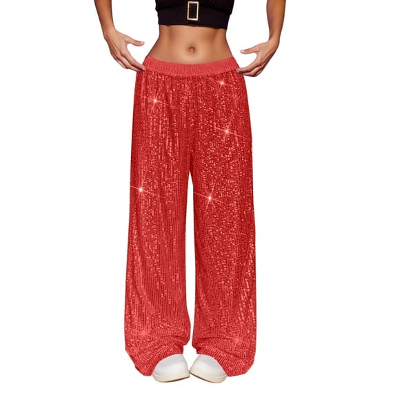 HNMKIU Women's Fashion Solid Color Glitter Sequin Pants High Waist Straight Wide Leg Party Trousers for Evening Celebration 02_Red,XXL