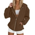 thumbnail image 1 of HNMKIU Women's Fashion Solid Color Zip Up Sweatshirt Long Sleeve Loose Fit Outerwear Z9231-Brown,S, 1 of 3