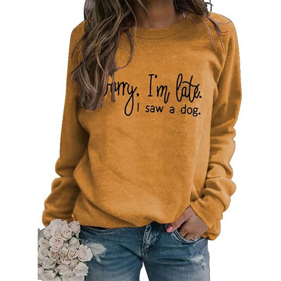 HNMKIU Women's Fashion Sorry I'm Late Letter Crewneck Sweatshirt Long Sleeved Hoodie Top Orange,S