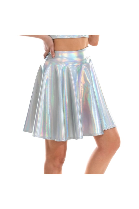 Women's Flared Pleated Mini Skirt Fashion A Line Shiny Club Stage Performance Womens Mini Skirt 02_Clear,S