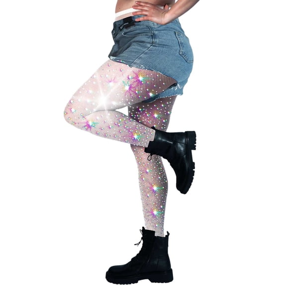 HNMKIU Women's Glittering High Elasticity Mesh Stockings with Encrusted Details and High Waist Design for a Shimmering White,One Size