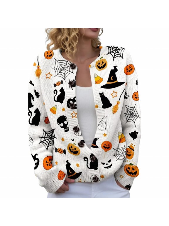 Elegant Knitted Printed Women’s Sweater Coat – Cozy Autumn Winter Casual Vibe Jacket with Button Front and Halloween Motif White - XXL
