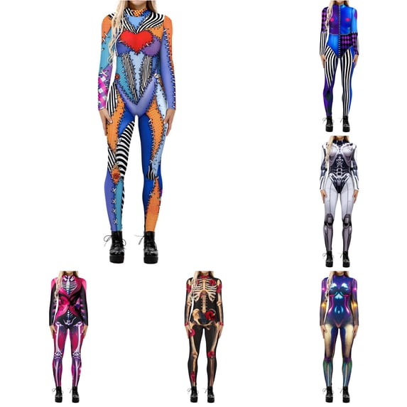 HNMKIU Women's Halloween Cosplay Jumpsuit Digital Print Tight Long Sleeve for Party Fancy Dress Orange - XXXXL