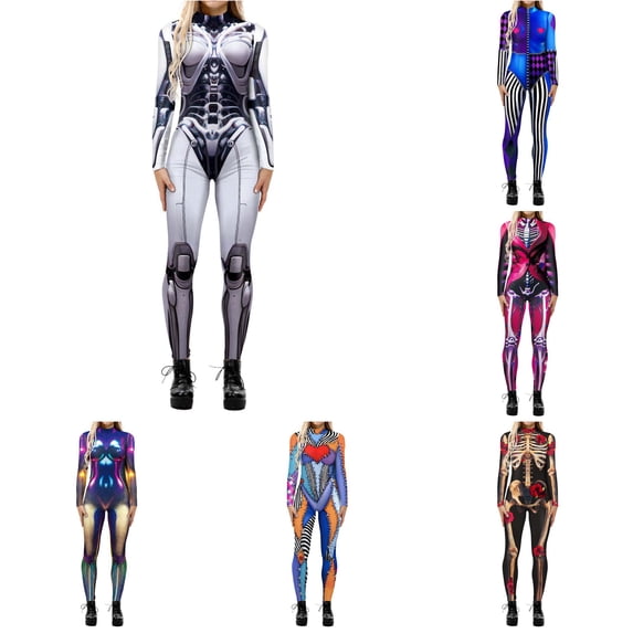 HNMKIU Women's Halloween Cosplay Jumpsuit Digital Print Tight Long Sleeve for Party Fancy Dress White - S