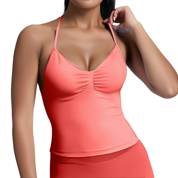 HNMKIU Women's High Elastic Nylon Seamless Sports Camisole with Chest Pad Beauty Back Fitness Yoga Top Tank Tops with Built in Bras Light Pink,M
