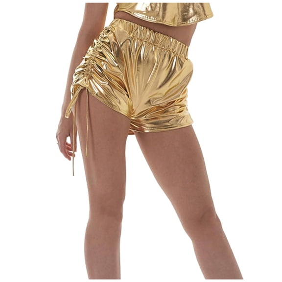 HNMKIU Women's High Waist Drawstring Shorts for Women Pu Solid Color Performance Dress and Party Hot Pants Gold,XXL