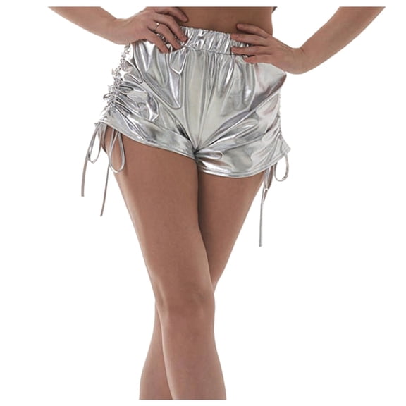 HNMKIU Women's High Waist Drawstring Shorts for Women Pu Solid Color Performance Dress and Party Hot Pants Silver,L
