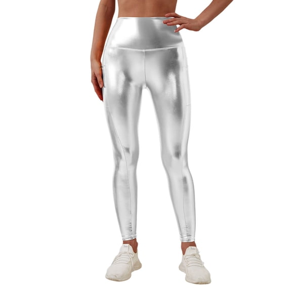 HNMKIU Women's High Waist Gold Foil Print Pure Color Casual Pencil Yoga Pants Slim Fit Stretchy Workout Running Fitness Pants Yoga Leggings 02_Silver,L