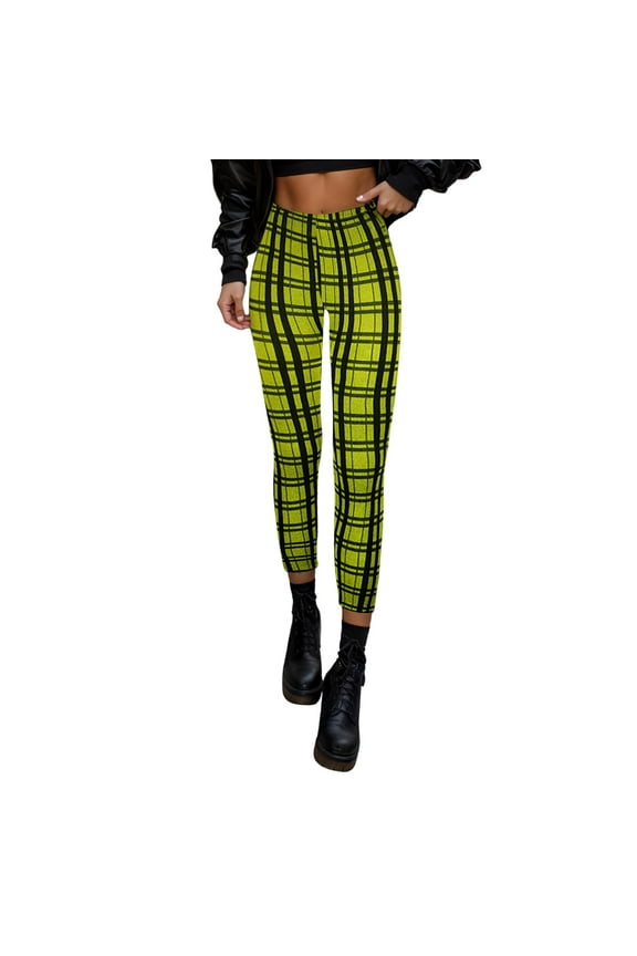 Women's High Waist Slim Fit Plaid Print Denim Casual Stretchy Tailored Comfortable Pants Leggings for Women Plus Size Yellow,S