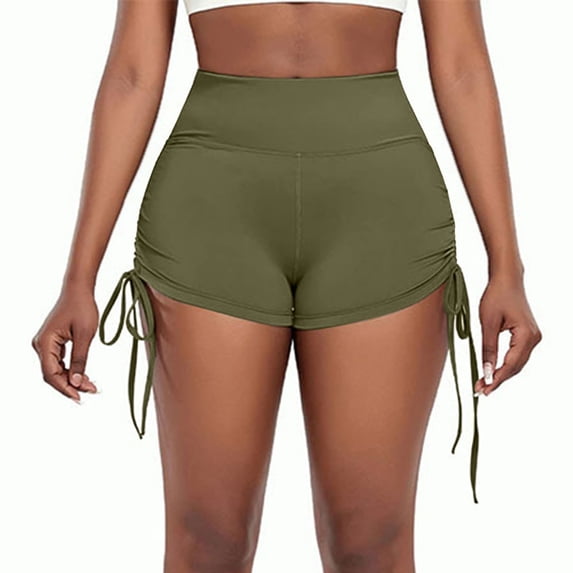 HNMKIU Women's High Waisted Drawstring No Seam Awkwardness Ruched Booty Lifting Shorts for Running and Workout Yoga Shorts 01_Army Green,S