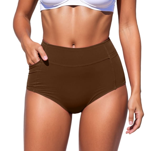 HNMKIU Women's High Waisted Full Coverage Bikini Bottoms with Pockets Swim Shorts 02_Coffee,M