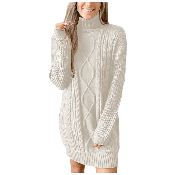 HNMKIU Women's Knitted Pullover Sweater Dress for Women Long Sleeved Round Neck Comfortable and Warm Winter Dress b-White,M