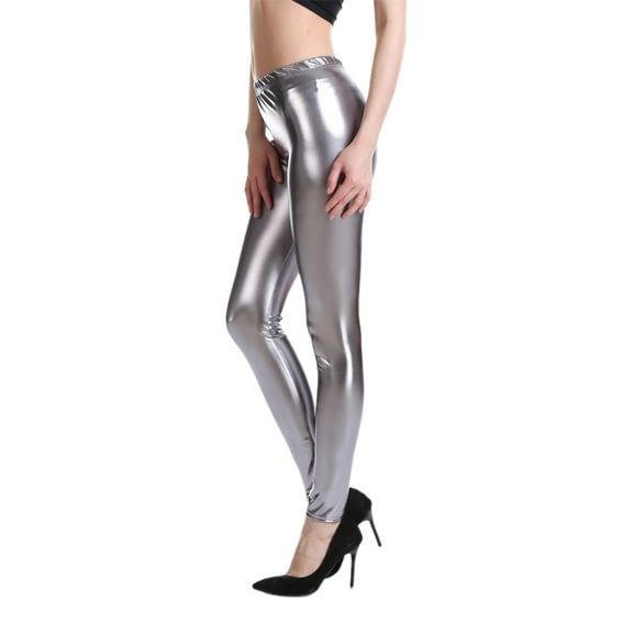 HNMKIU Women's Leggings High Gloss Tight Pants Casual Wear Stretchy Shiny Leggings Grey-1，M