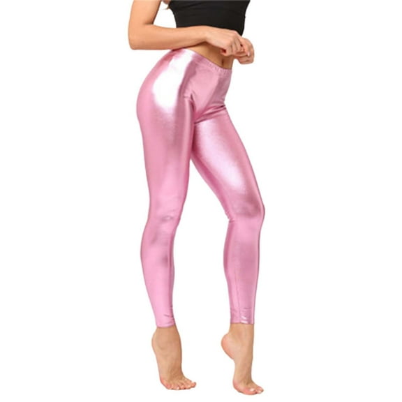 HNMKIU Women's Leggings High Gloss Tight Pants Casual Wear Stretchy Shiny Leggings Pink-3，M