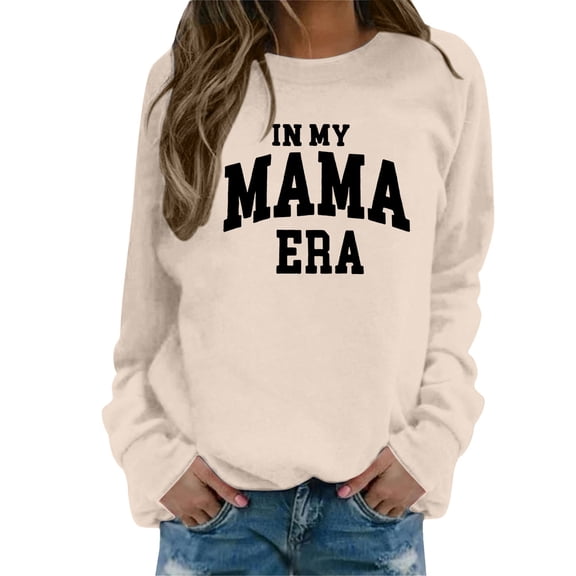 HNMKIU Women's Letter Print Crew Neck Long Sleeve Pullover Streetwear Casual Graphic Sweatshirts for Women Soft Comfortable Top 01_Beige,L