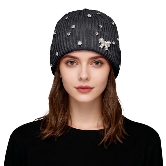 HNMKIU Women's Light Pearl Knitted Pullover Hat Big Head Circumference Ear Warmer Winter Hats for Women 01_Dark Gray,One Size
