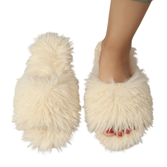 HNMKIU Women's Long Fuzzy Slippers Cozy Winter Indoor Shoes with Sole for Home Comfort and Warmth during Cold Seasons 02_Beige,5.5-6